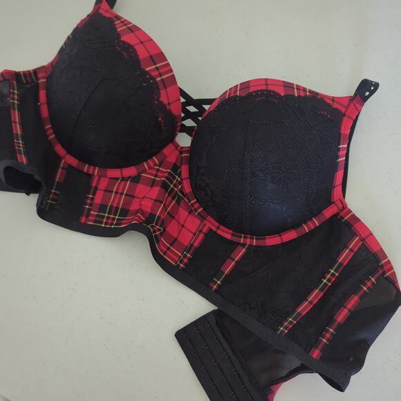 Torrid Bra Womens 44C Plunge Push Up Longline Noelle Plaid Jester Red NWT - Picture 9 of 13